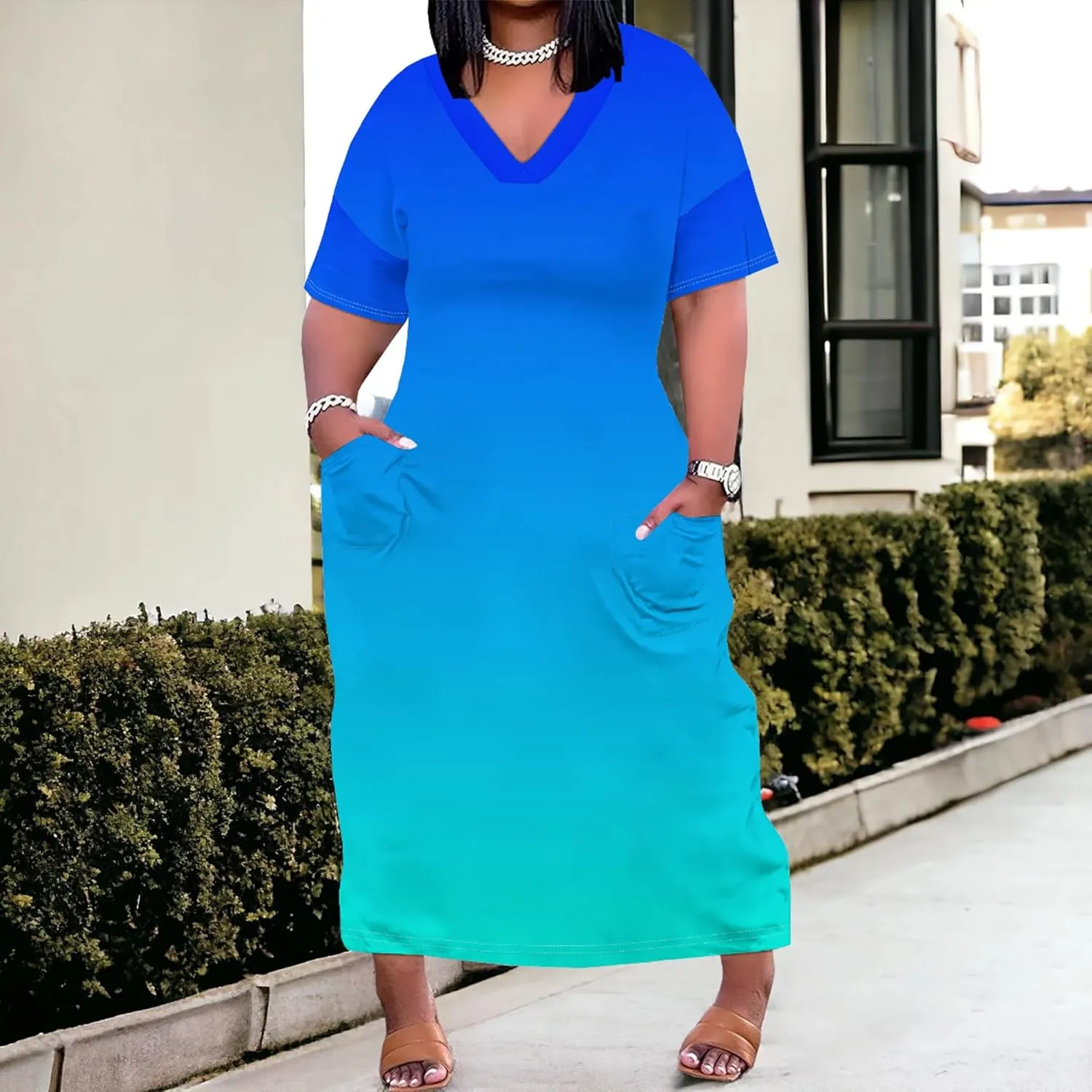 Plus Size Summer Casual Loose Dresses for Women Beach Swing Sundress Short Sleeve Tshirt Long Maxi Dress with Pockets