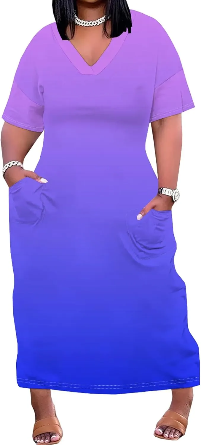 Plus Size Summer Casual Loose Dresses for Women Beach Swing Sundress Short Sleeve Tshirt Long Maxi Dress with Pockets