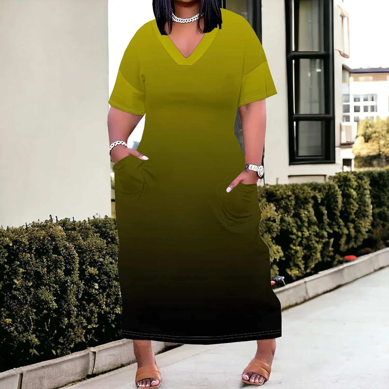 Plus Size Summer Casual Loose Dresses for Women Beach Swing Sundress Short Sleeve Tshirt Long Maxi Dress with Pockets