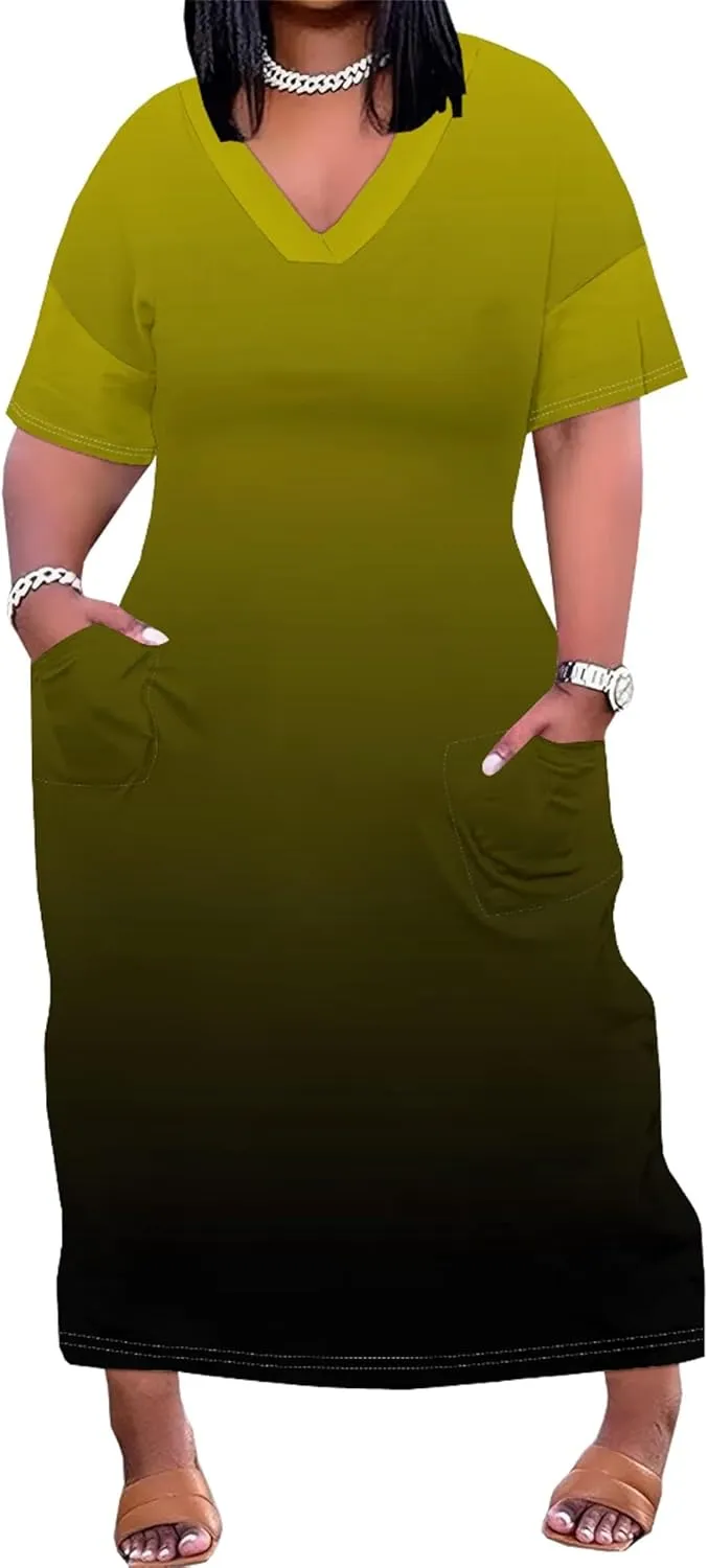 Plus Size Summer Casual Loose Dresses for Women Beach Swing Sundress Short Sleeve Tshirt Long Maxi Dress with Pockets