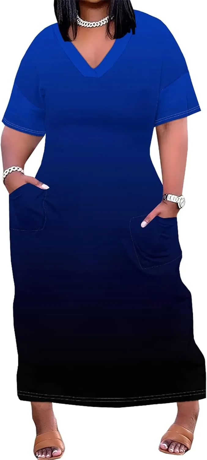 Plus Size Summer Casual Loose Dresses for Women Beach Swing Sundress Short Sleeve Tshirt Long Maxi Dress with Pockets