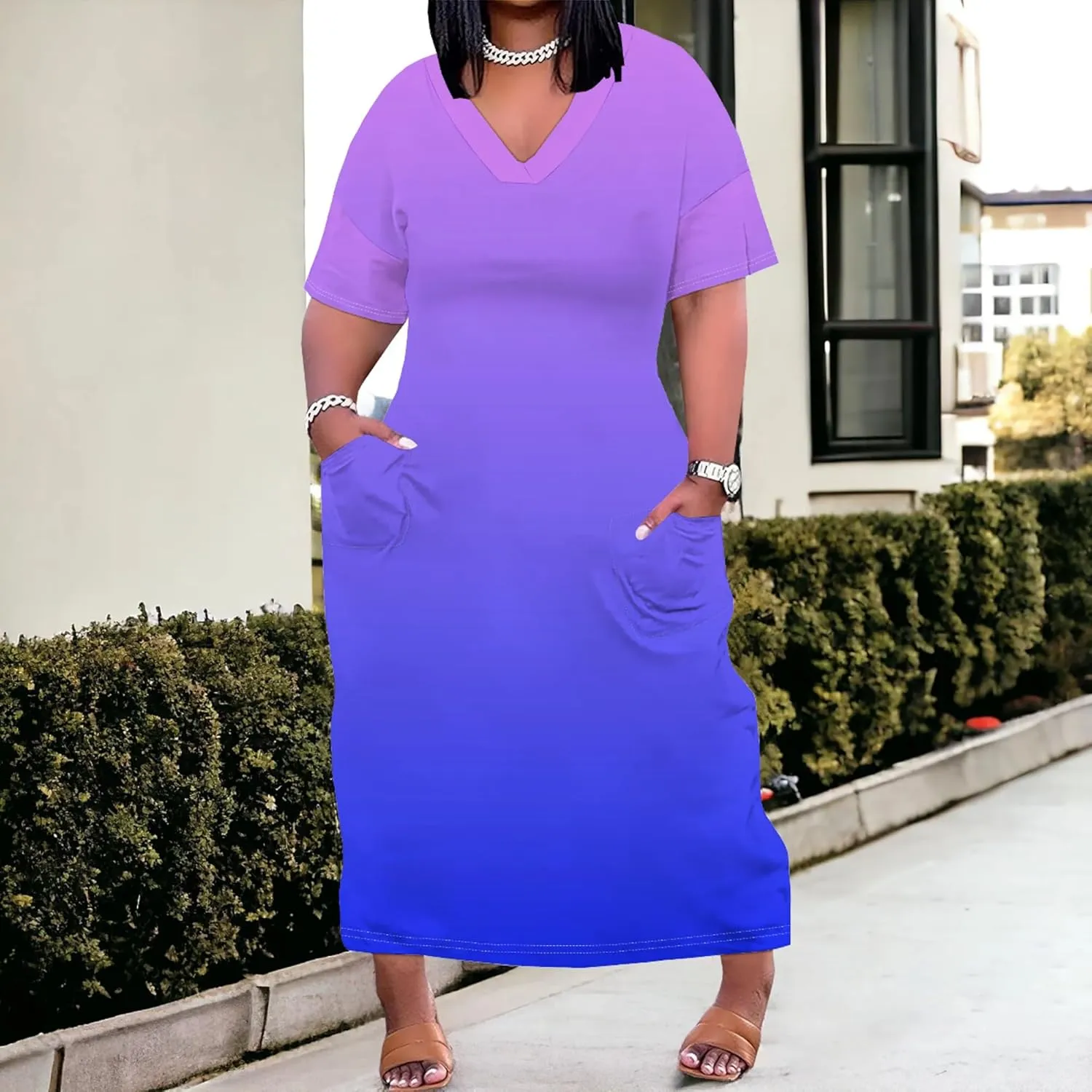 Plus Size Summer Casual Loose Dresses for Women Beach Swing Sundress Short Sleeve Tshirt Long Maxi Dress with Pockets