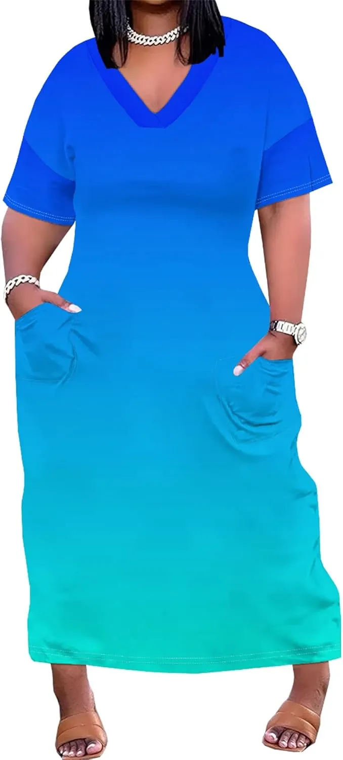 Plus Size Summer Casual Loose Dresses for Women Beach Swing Sundress Short Sleeve Tshirt Long Maxi Dress with Pockets