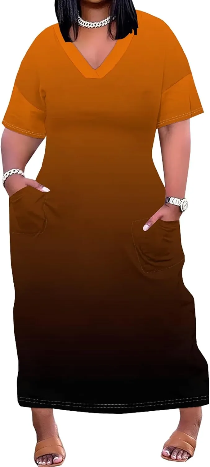 Plus Size Summer Casual Loose Dresses for Women Beach Swing Sundress Short Sleeve Tshirt Long Maxi Dress with Pockets