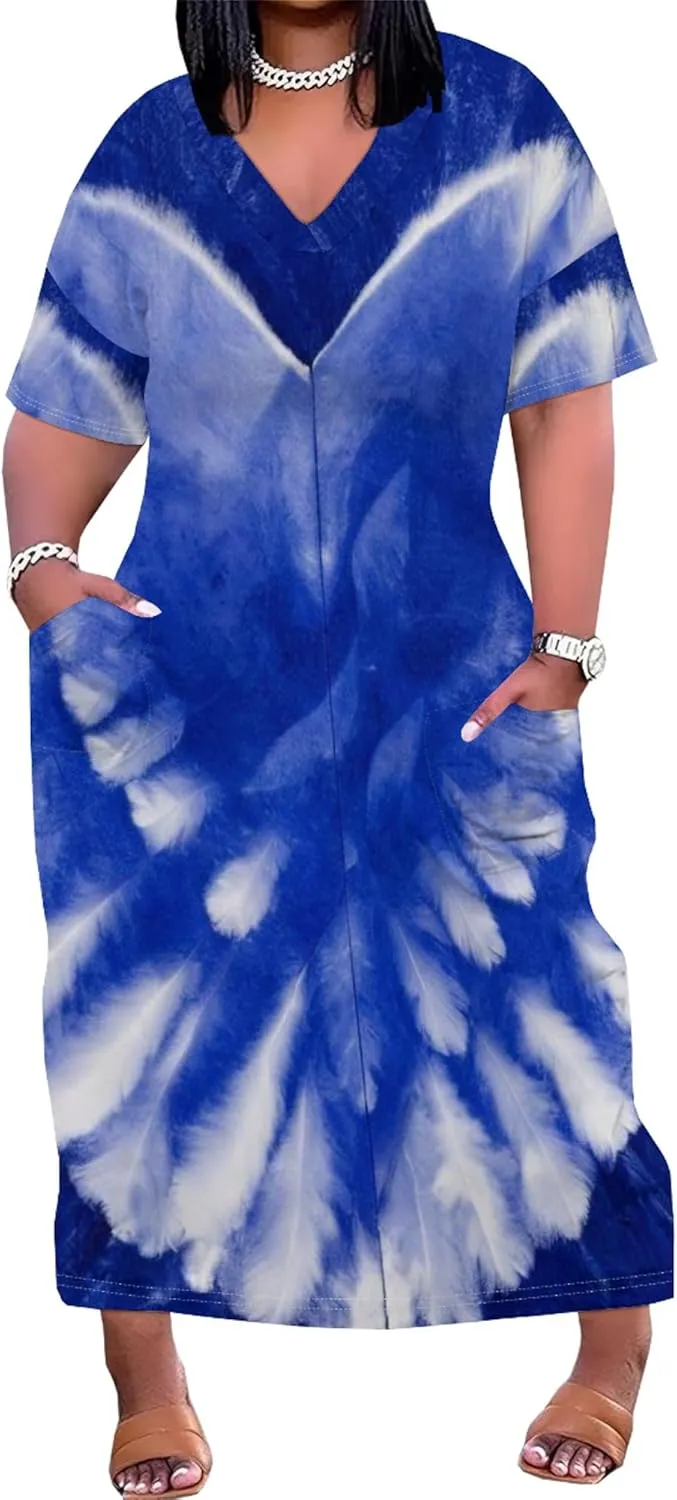 Plus Size Women Casual Loose Bohemian Maxi Dress with Pockets Short Sleeve Long Summer Beach Swing Vacation Sundress