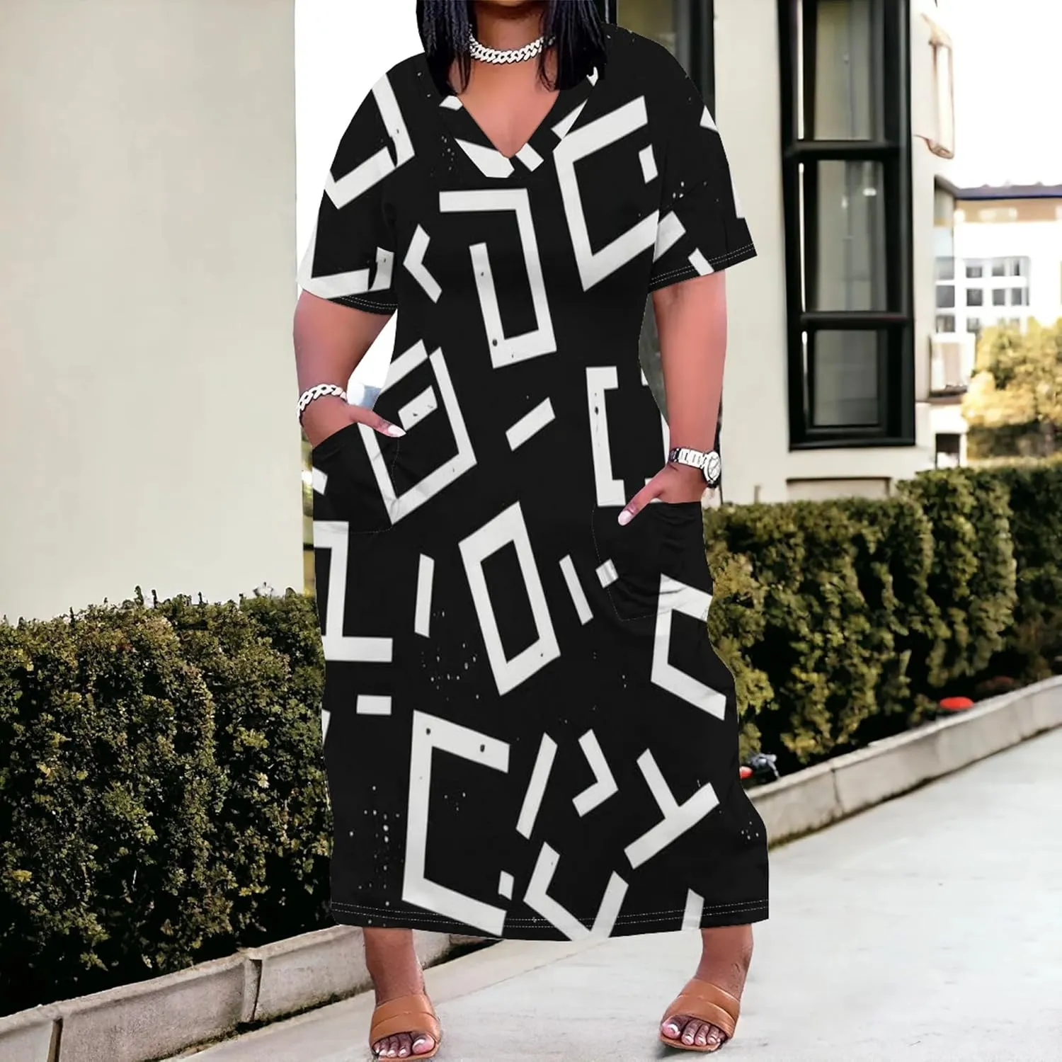 Plus Size Women Casual Loose Bohemian Maxi Dress with Pockets Short Sleeve Long Summer Beach Swing Vacation Sundress
