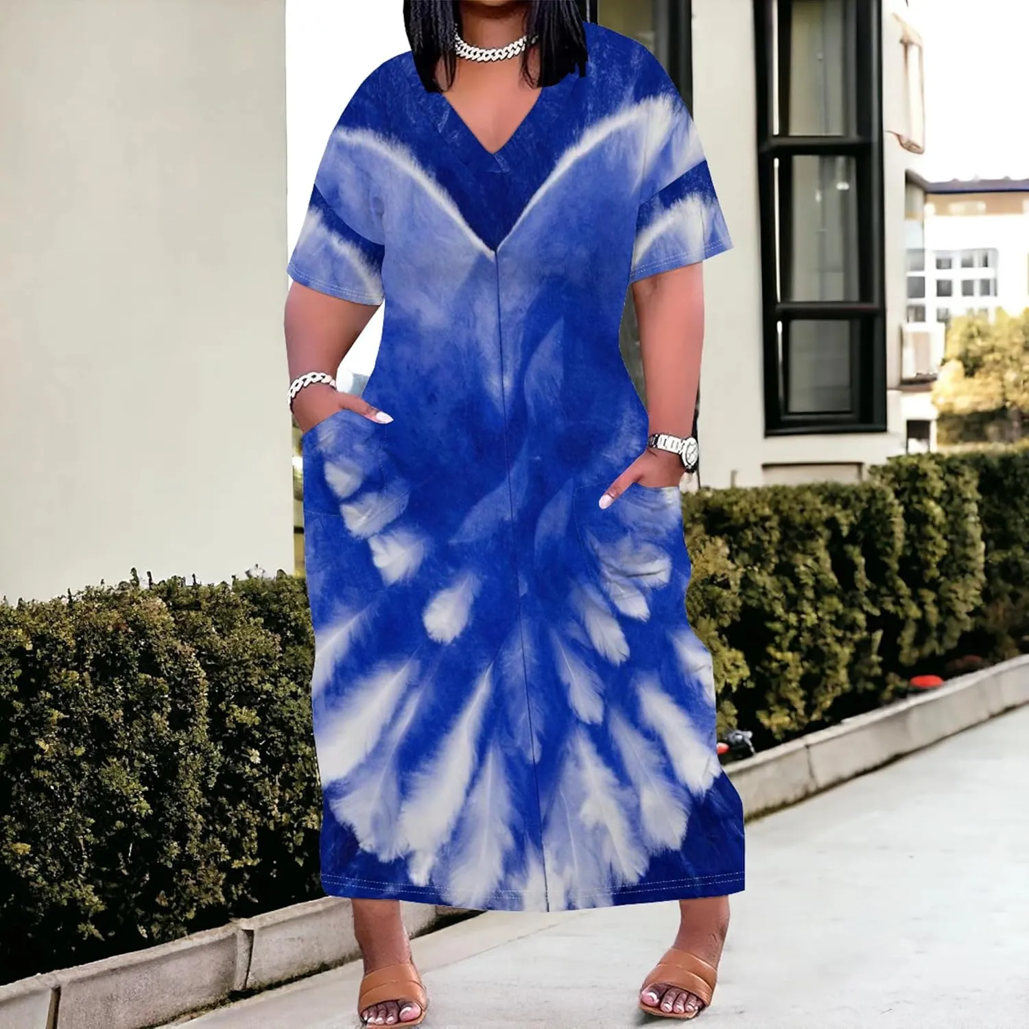 Plus Size Women Casual Loose Bohemian Maxi Dress with Pockets Short Sleeve Long Summer Beach Swing Vacation Sundress