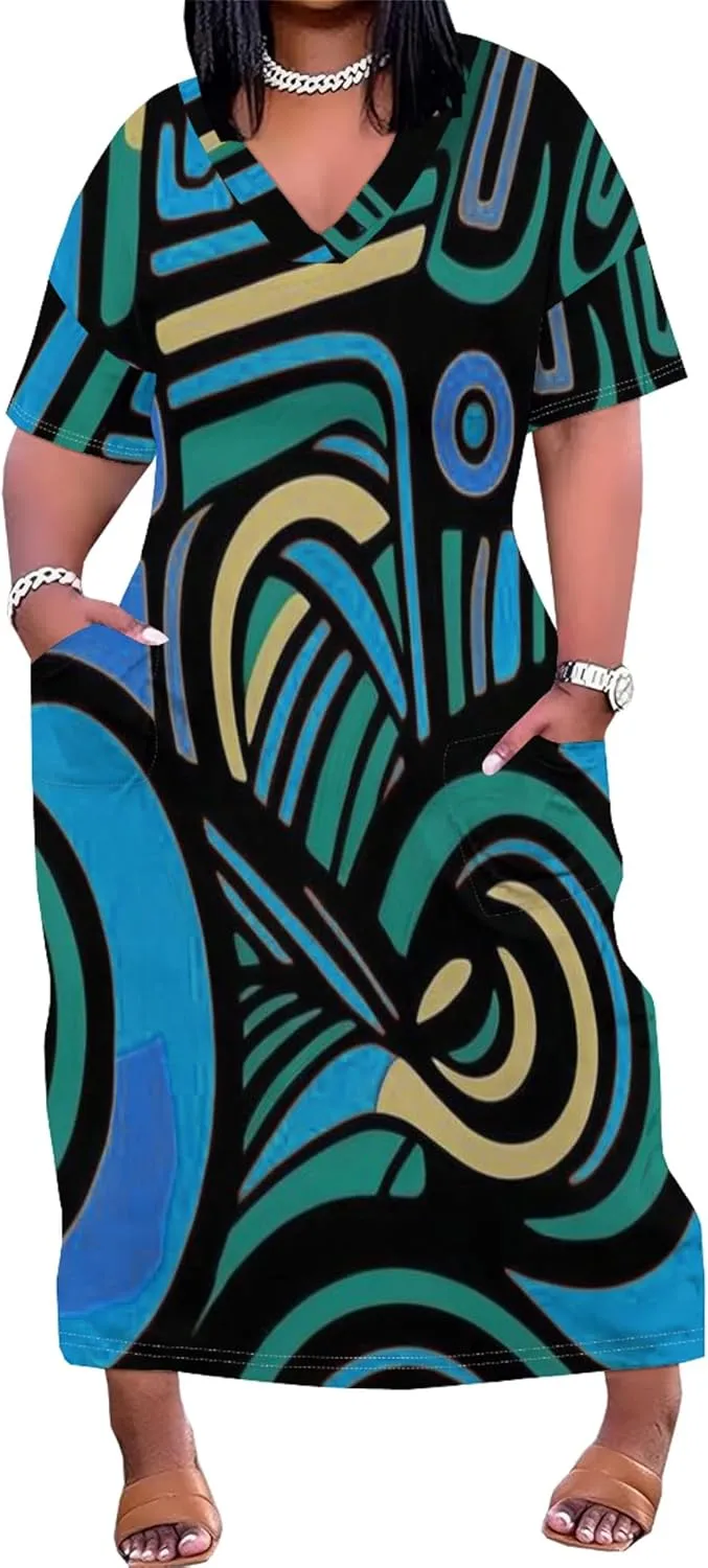 Plus Size Women Casual Loose Bohemian Maxi Dress with Pockets Short Sleeve Long Summer Beach Swing Vacation Sundress