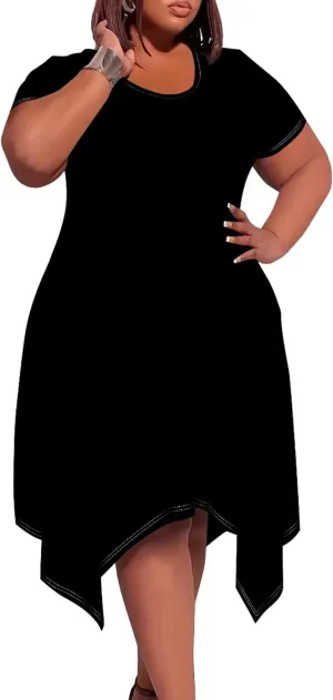 Plus Size Women Casual Loose Crewneck Short Sleeve Swing Midi Tunic Dresses Solid Color T-Shirt Dress with Pockets