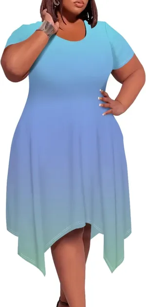 Plus Size Women Casual Loose Crewneck Short Sleeve Swing Midi Tunic Dresses Solid Color T-Shirt Dress with Pockets