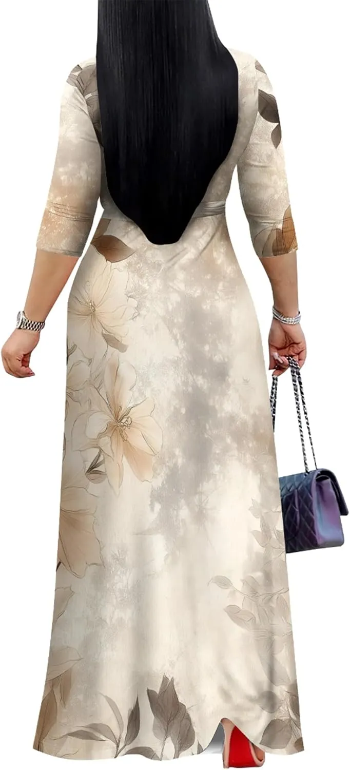 Plus Size Women's Maxi Dress Ethnic Print Long Dress Fashion Sexy Deep V Neck 3/4 Sleeves Autumn Dress with Belt