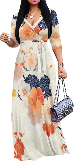 Plus Size Women's Maxi Dress Ethnic Print Long Dress Fashion Sexy Deep V Neck 3/4 Sleeves Autumn Dress with Belt