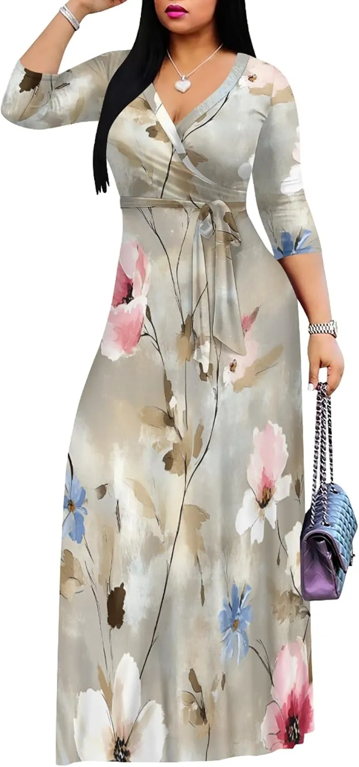 Plus Size Women's Maxi Dress Ethnic Print Long Dress Fashion Sexy Deep V Neck 3/4 Sleeves Autumn Dress with Belt