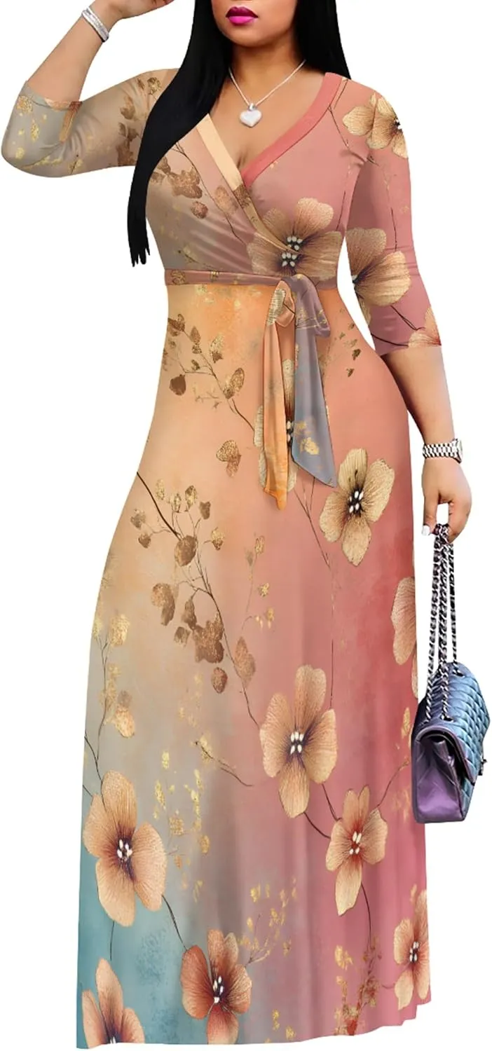 Plus Size Women's Maxi Dress Ethnic Print Long Dress Fashion Sexy Deep V Neck 3/4 Sleeves Autumn Dress with Belt
