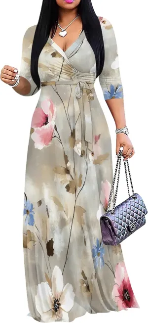 Plus Size Women's Maxi Dress Ethnic Print Long Dress Fashion Sexy Deep V Neck 3/4 Sleeves Autumn Dress with Belt