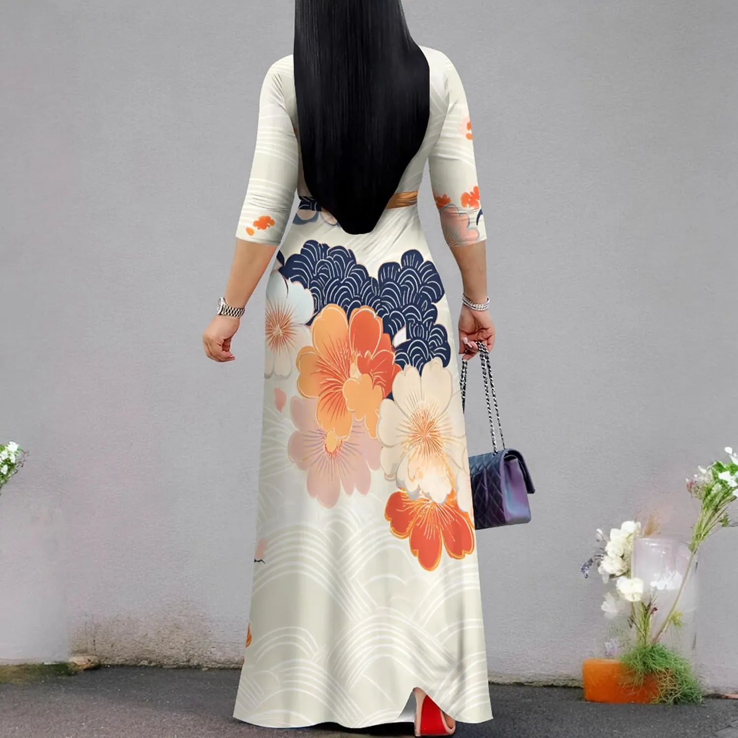 Plus Size Women's Maxi Dress Ethnic Print Long Dress Fashion Sexy Deep V Neck 3/4 Sleeves Autumn Dress with Belt