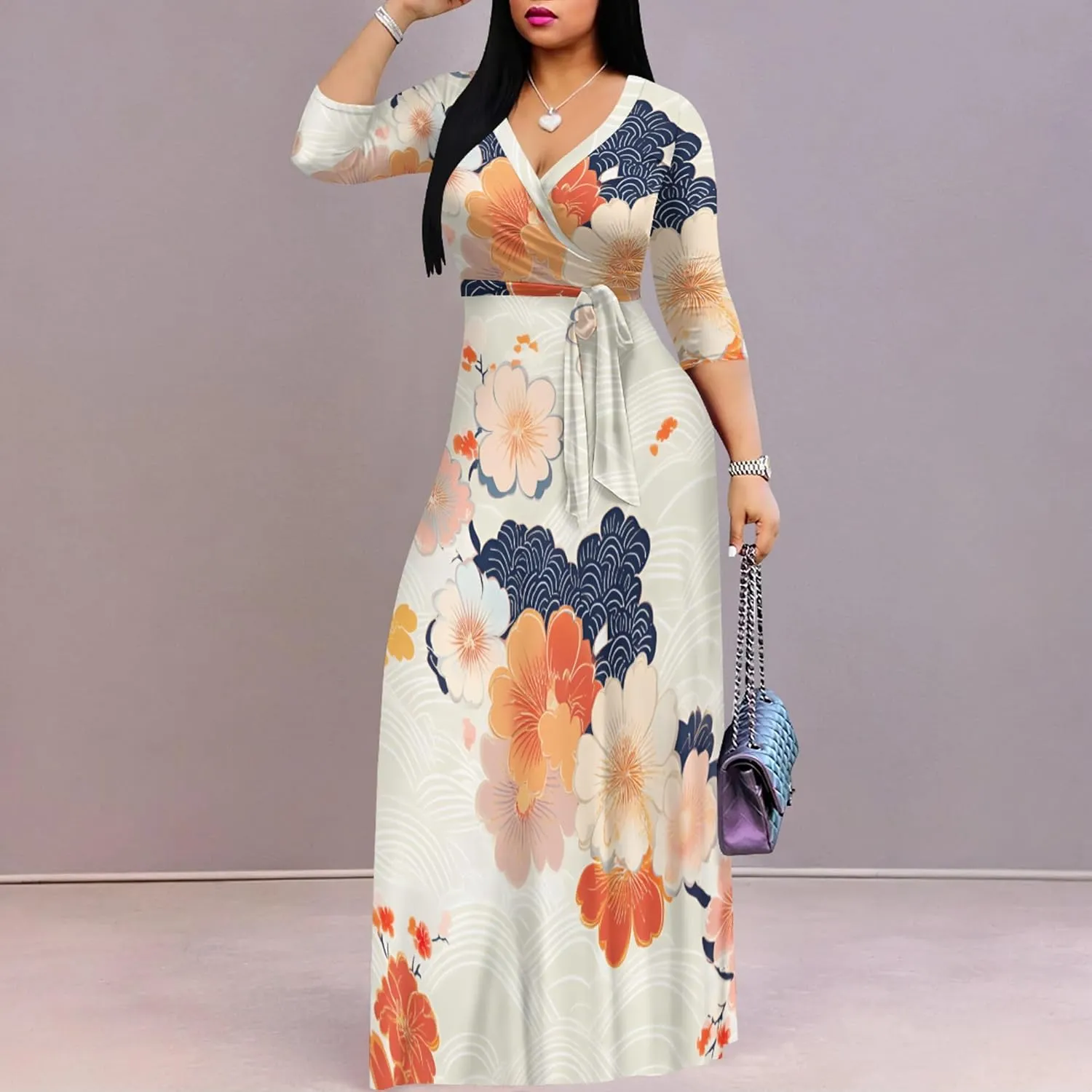 Plus Size Women's Maxi Dress Ethnic Print Long Dress Fashion Sexy Deep V Neck 3/4 Sleeves Autumn Dress with Belt