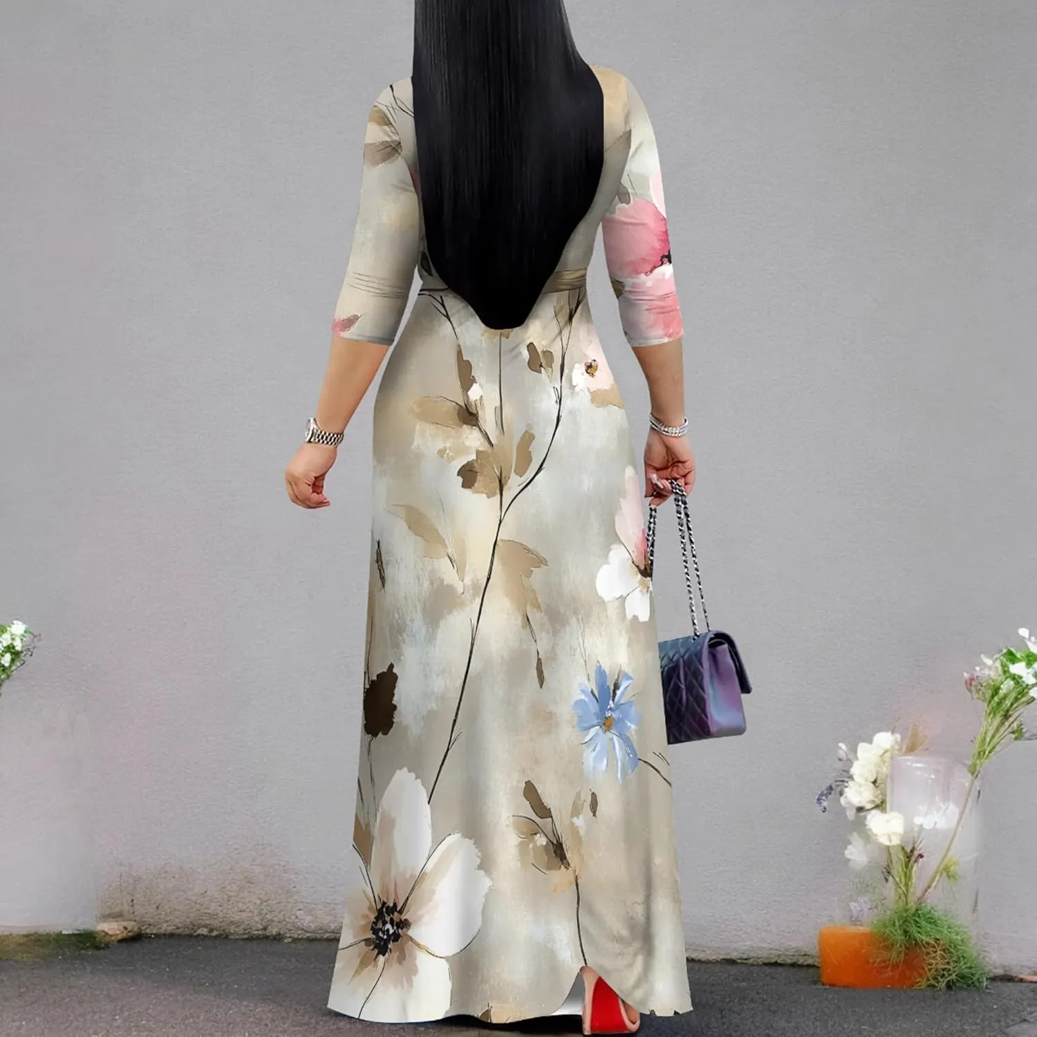 Plus Size Women's Maxi Dress Ethnic Print Long Dress Fashion Sexy Deep V Neck 3/4 Sleeves Autumn Dress with Belt