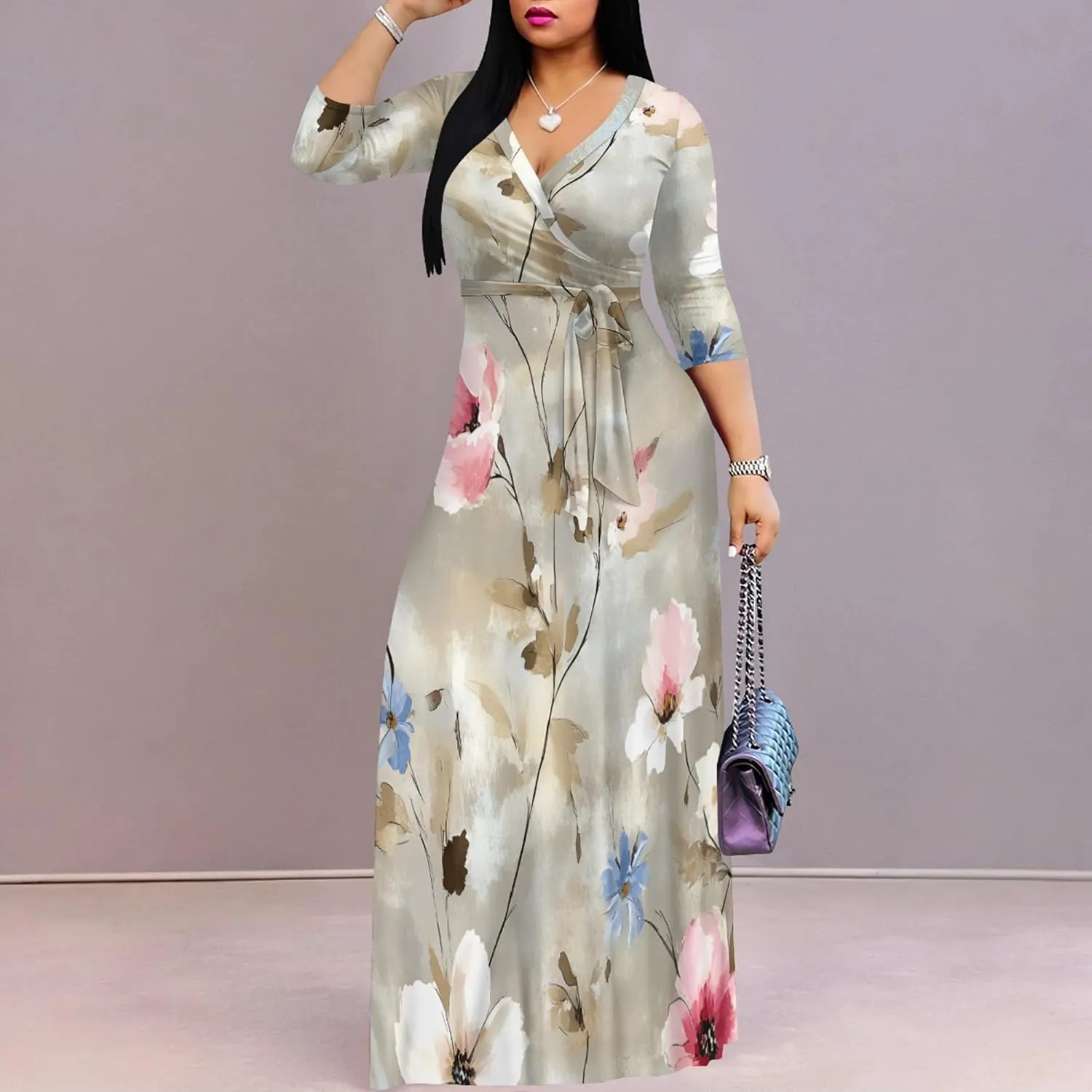 Plus Size Women's Maxi Dress Ethnic Print Long Dress Fashion Sexy Deep V Neck 3/4 Sleeves Autumn Dress with Belt
