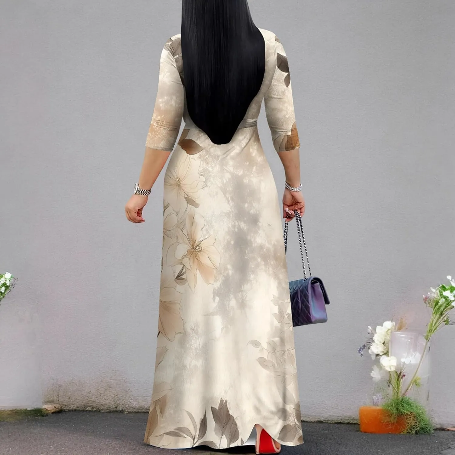 Plus Size Women's Maxi Dress Ethnic Print Long Dress Fashion Sexy Deep V Neck 3/4 Sleeves Autumn Dress with Belt