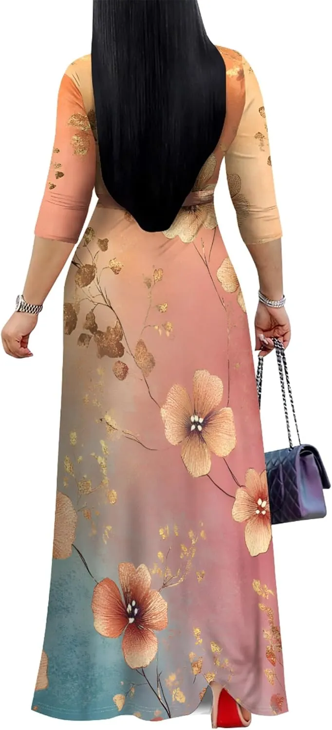 Plus Size Women's Maxi Dress Ethnic Print Long Dress Fashion Sexy Deep V Neck 3/4 Sleeves Autumn Dress with Belt