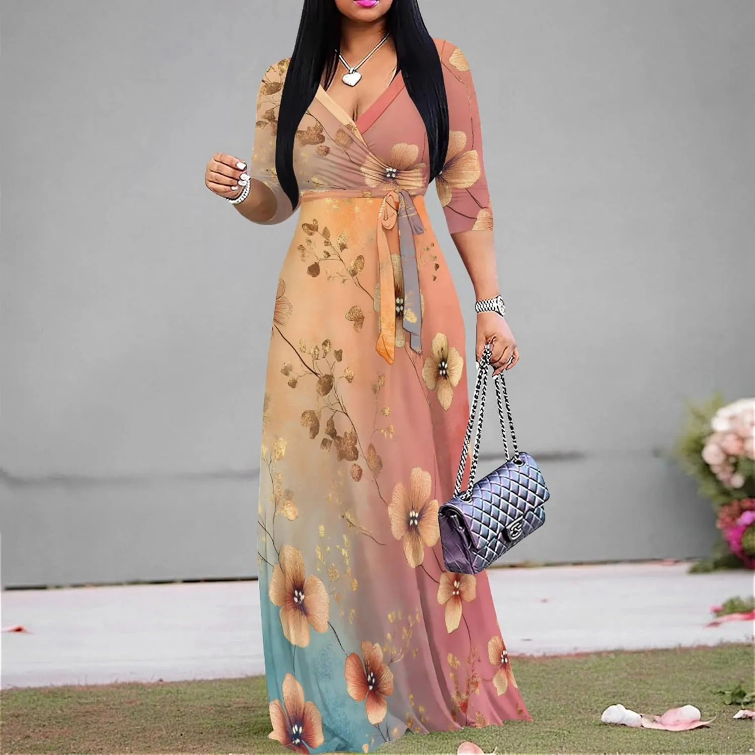 Plus Size Women's Maxi Dress Ethnic Print Long Dress Fashion Sexy Deep V Neck 3/4 Sleeves Autumn Dress with Belt