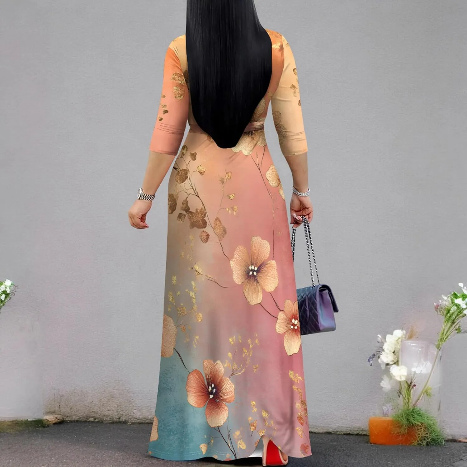 Plus Size Women's Maxi Dress Ethnic Print Long Dress Fashion Sexy Deep V Neck 3/4 Sleeves Autumn Dress with Belt