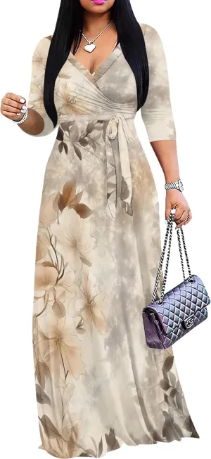 Plus Size Women's Maxi Dress Ethnic Print Long Dress Fashion Sexy Deep V Neck 3/4 Sleeves Autumn Dress with Belt