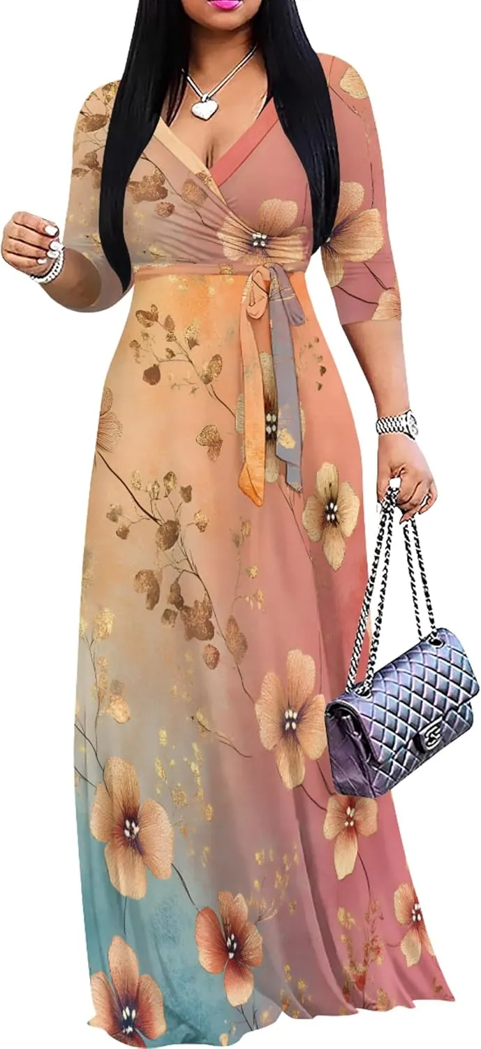 Plus Size Women's Maxi Dress Ethnic Print Long Dress Fashion Sexy Deep V Neck 3/4 Sleeves Autumn Dress with Belt