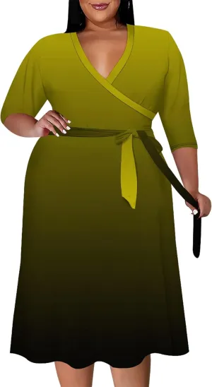 Plus Size Women's Midi Dress 3/4 Sleeves V Neck Cocktail Party Club Sundress Curvy Wrap Sexy Casual Dresses with Belt