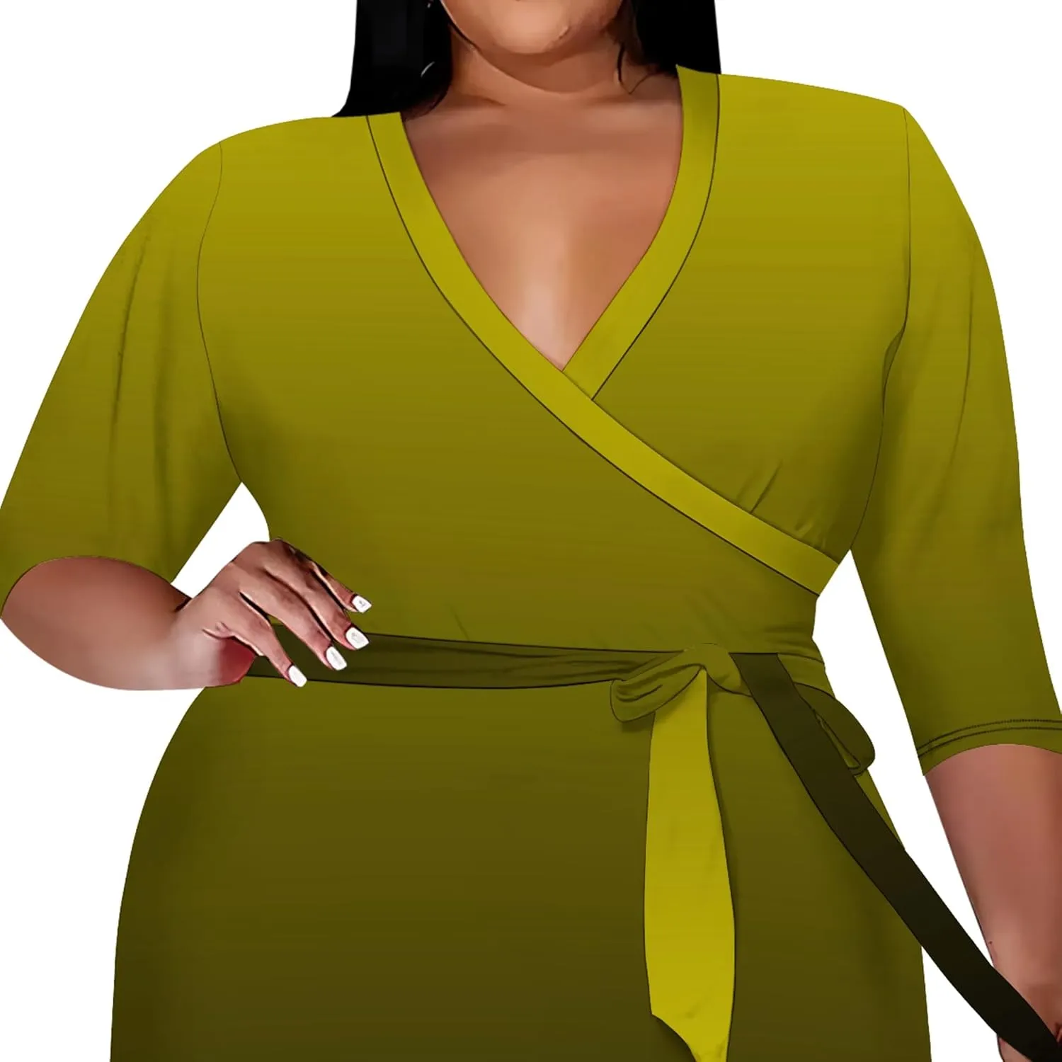 Plus Size Women's Midi Dress 3/4 Sleeves V Neck Cocktail Party Club Sundress Curvy Wrap Sexy Casual Dresses with Belt