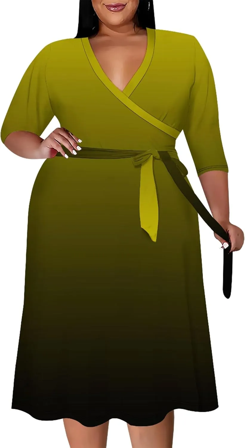 Plus Size Women's Midi Dress 3/4 Sleeves V Neck Cocktail Party Club Sundress Curvy Wrap Sexy Casual Dresses with Belt