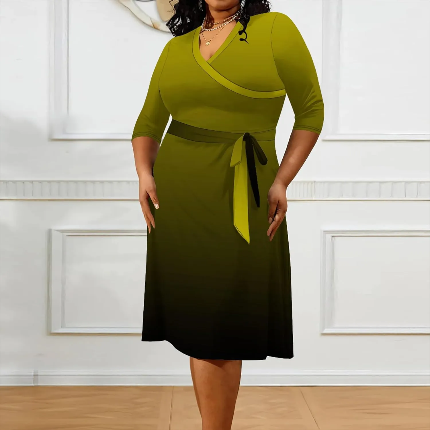 Plus Size Women's Midi Dress 3/4 Sleeves V Neck Cocktail Party Club Sundress Curvy Wrap Sexy Casual Dresses with Belt