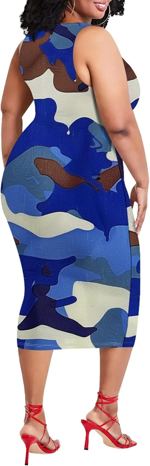 Plus Size Women's Sleeveless Casual Bodycon Tie Dye Midi Dresses Slim Fit Elegant Cocktail Party Club Mini Dress