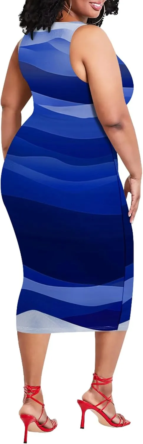 Plus Size Women's Sleeveless Casual Bodycon Tie Dye Midi Dresses Slim Fit Elegant Cocktail Party Club Mini Dress