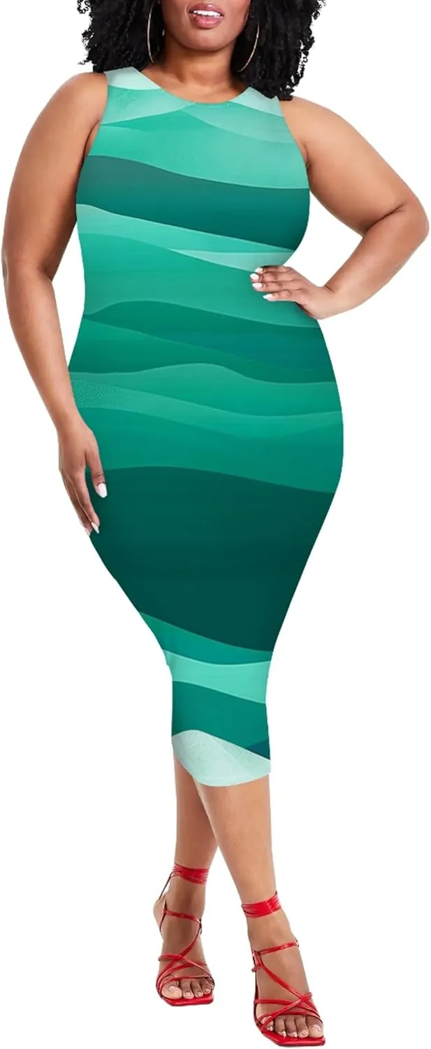 Plus Size Women's Sleeveless Casual Bodycon Tie Dye Midi Dresses Slim Fit Elegant Cocktail Party Club Mini Dress