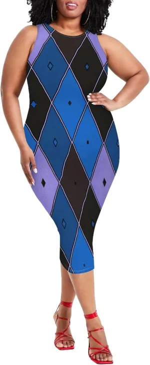 Plus Size Women's Sleeveless Casual Bodycon Tie Dye Midi Dresses Slim Fit Elegant Cocktail Party Club Mini Dress