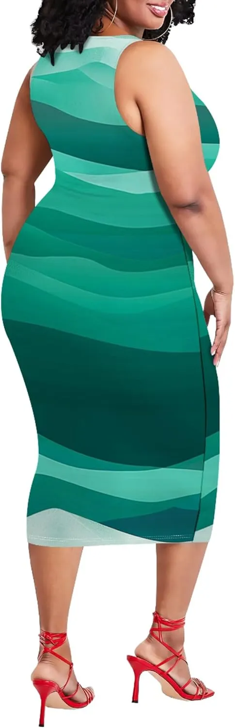 Plus Size Women's Sleeveless Casual Bodycon Tie Dye Midi Dresses Slim Fit Elegant Cocktail Party Club Mini Dress