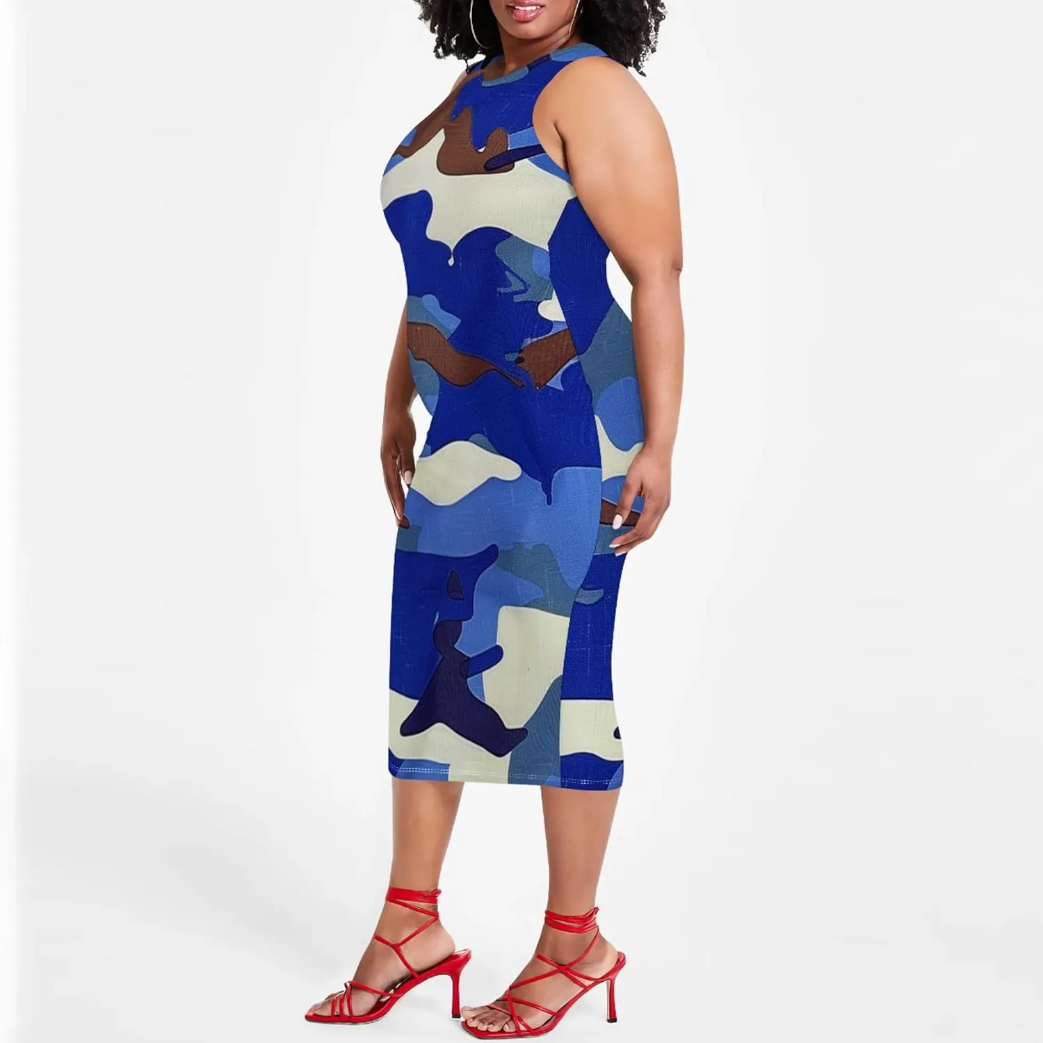 Plus Size Women's Sleeveless Casual Bodycon Tie Dye Midi Dresses Slim Fit Elegant Cocktail Party Club Mini Dress