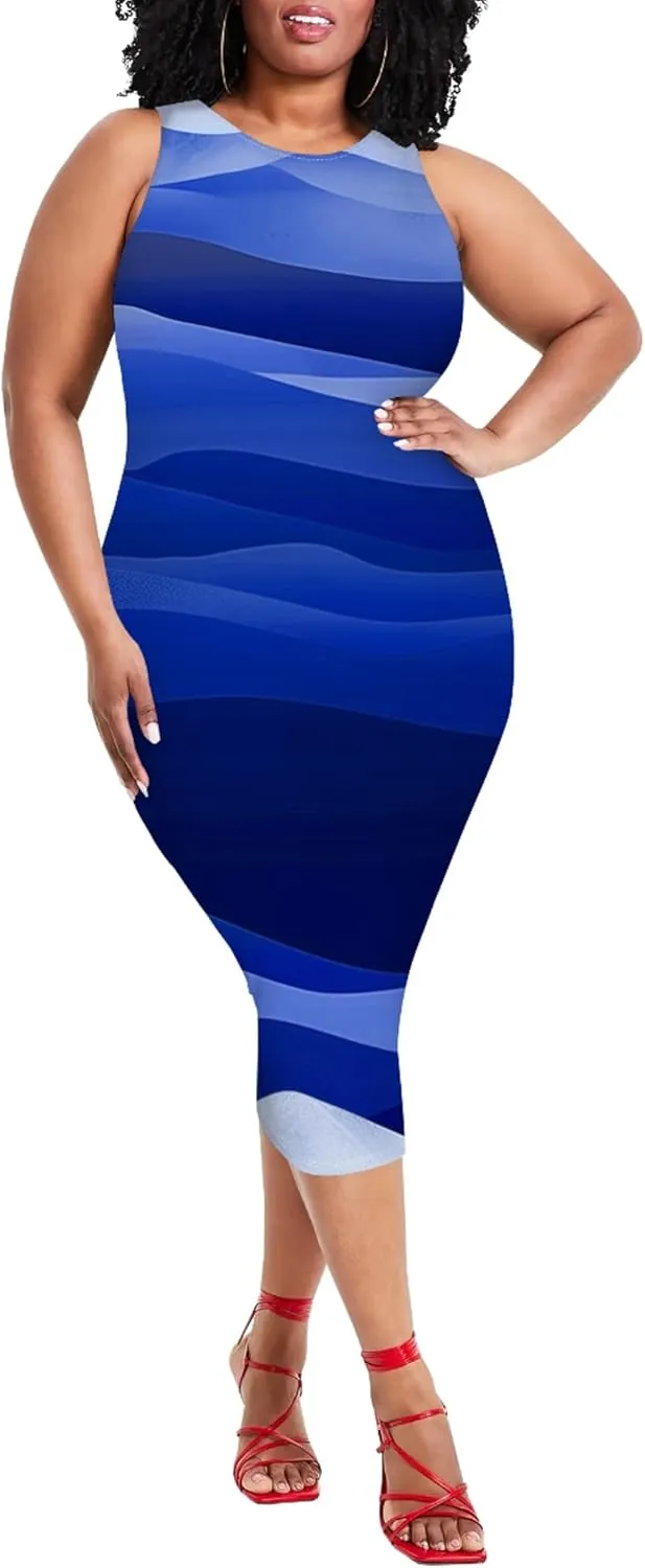Plus Size Women's Sleeveless Casual Bodycon Tie Dye Midi Dresses Slim Fit Elegant Cocktail Party Club Mini Dress