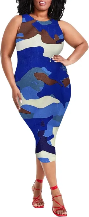 Plus Size Women's Sleeveless Casual Bodycon Tie Dye Midi Dresses Slim Fit Elegant Cocktail Party Club Mini Dress