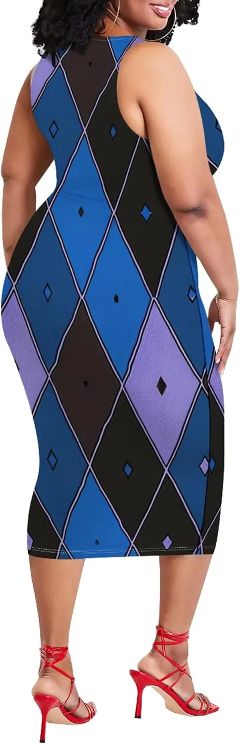 Plus Size Women's Sleeveless Casual Bodycon Tie Dye Midi Dresses Slim Fit Elegant Cocktail Party Club Mini Dress