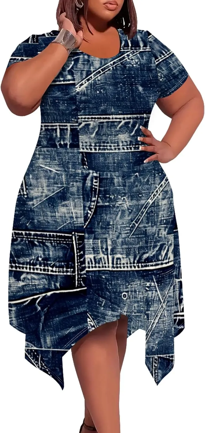 Plus Size Womens Summer Casual T Shirt Midi Dresses Crewneck Short Sleeve Swing Tunic Sundresses with Pockets Dress