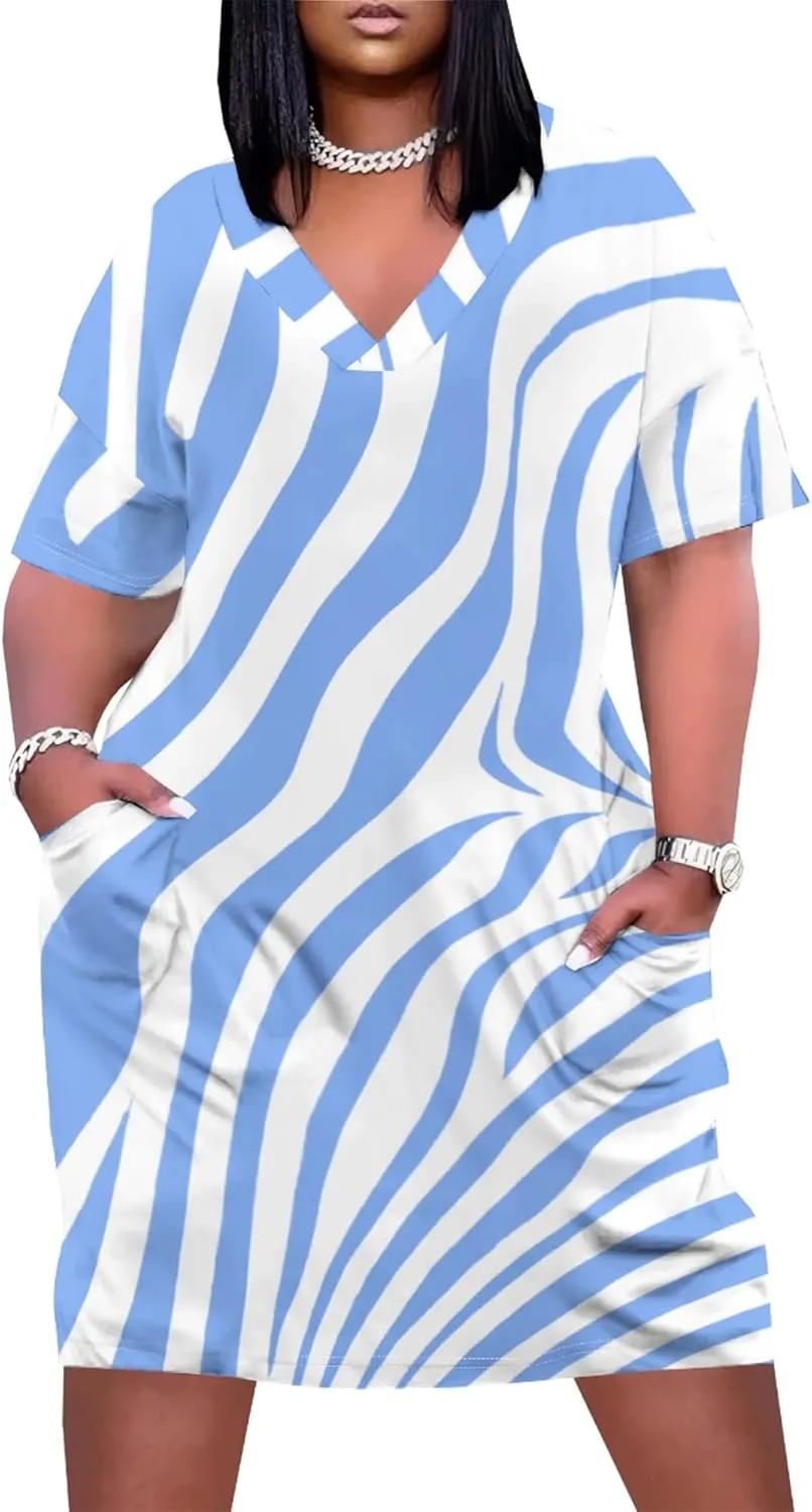 Plus Size Women's Summer Short Sleeve Midi Tshirt Dresses Casual Beach Tunic Tie Dye Boho Sundress with Pockets