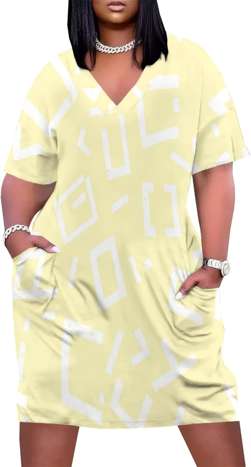 Plus Size Women's Summer Short Sleeve Midi Tshirt Dresses Casual Beach Tunic Tie Dye Boho Sundress with Pockets
