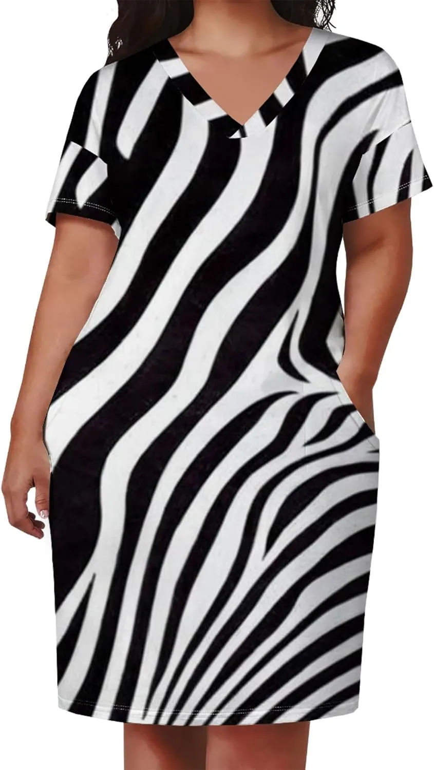 Plus Size Women's Summer Short Sleeve Midi Tshirt Dresses Casual Beach Tunic Tie Dye Boho Sundress with Pockets