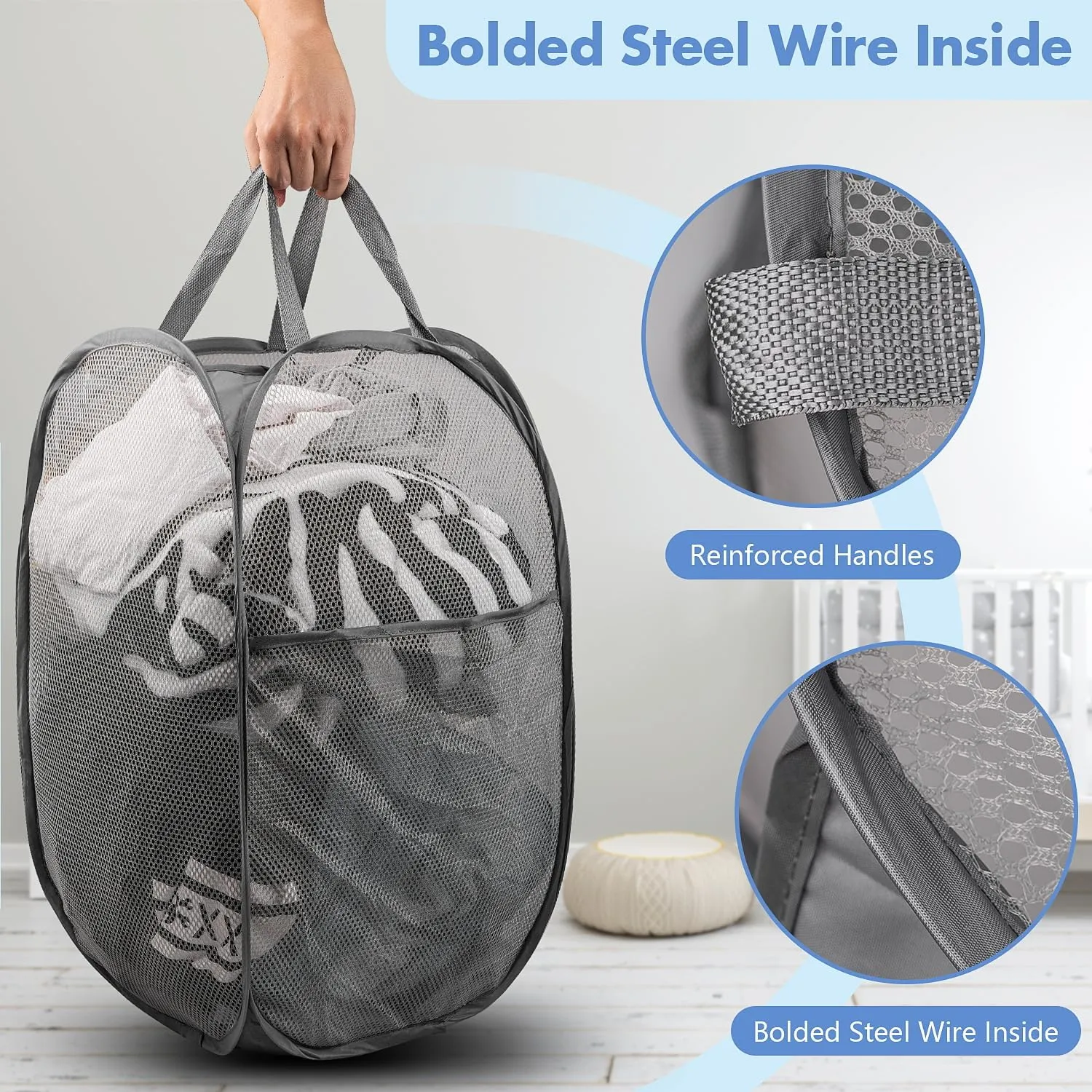 Pop Up Hamper, 1 PCS Mesh Pop Up Laundry Hamper, Foldable Mesh Laundry Basket with Space-Saving Design for Home, Dorm, Travel & Storage - Gray