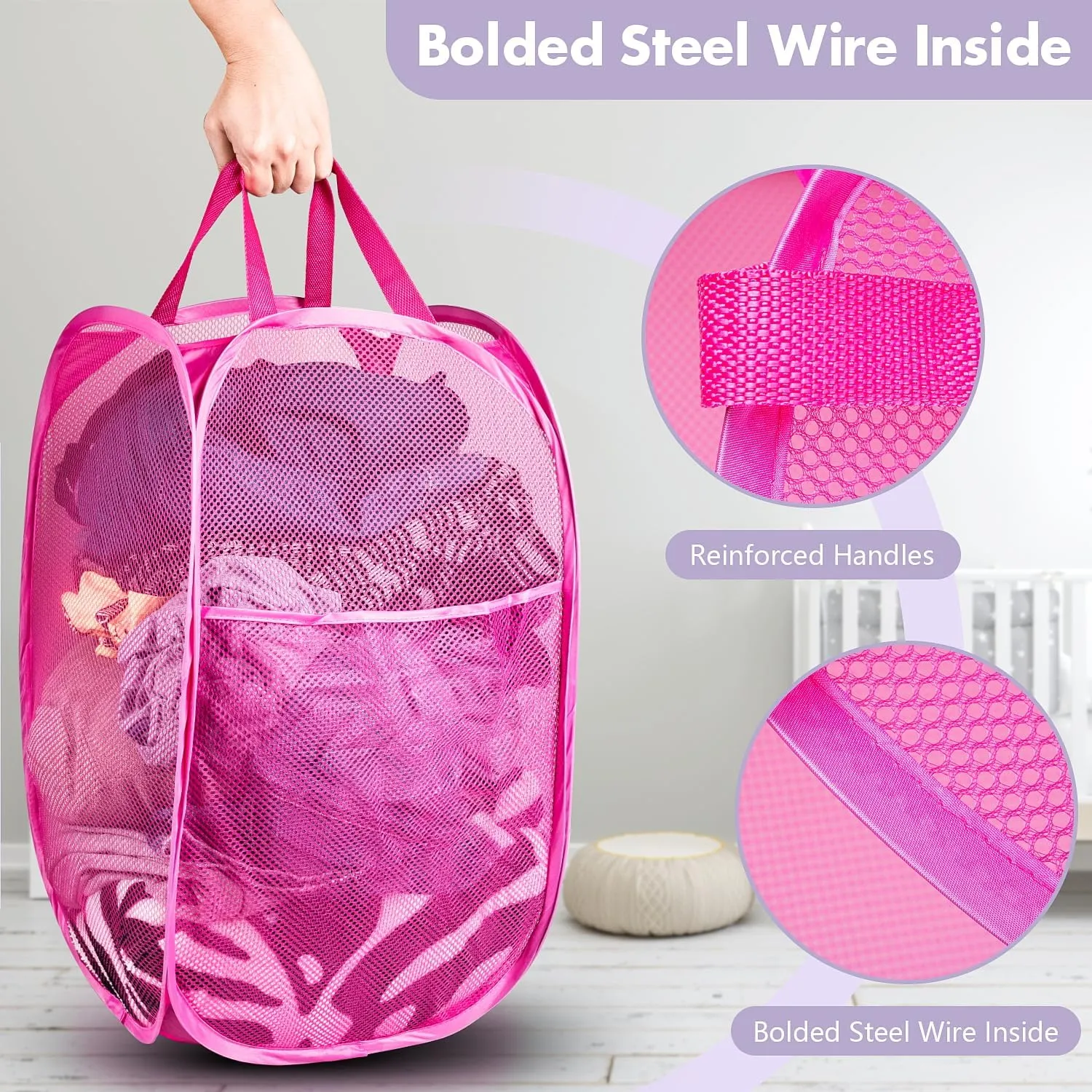 Pop Up Hamper, 1 PCS Mesh Pop Up Laundry Hamper, Foldable Mesh Laundry Basket with Space-Saving Design for Home, Dorm, Travel & Storage - Pink
