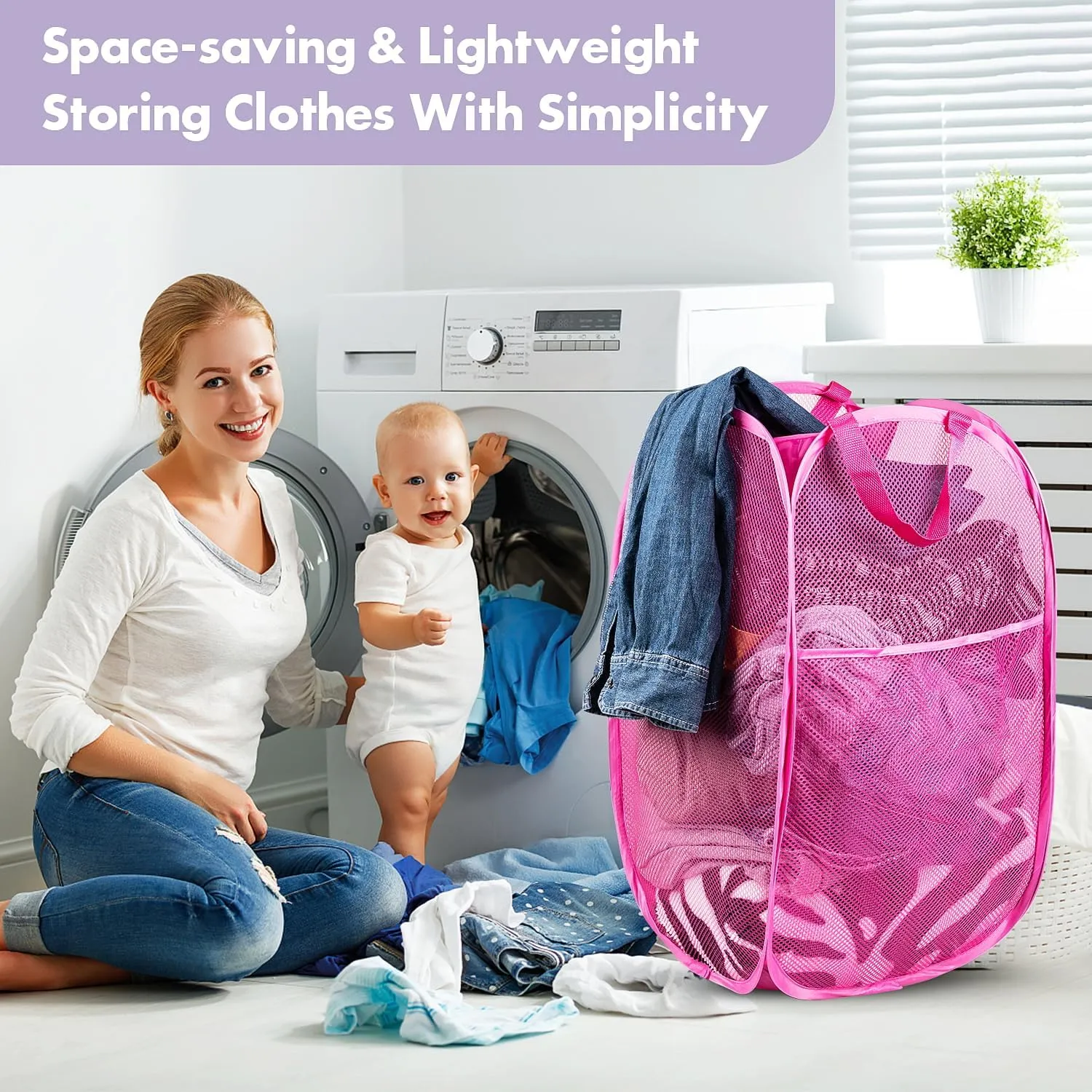 Pop Up Hamper, 1 PCS Mesh Pop Up Laundry Hamper, Foldable Mesh Laundry Basket with Space-Saving Design for Home, Dorm, Travel & Storage - Pink