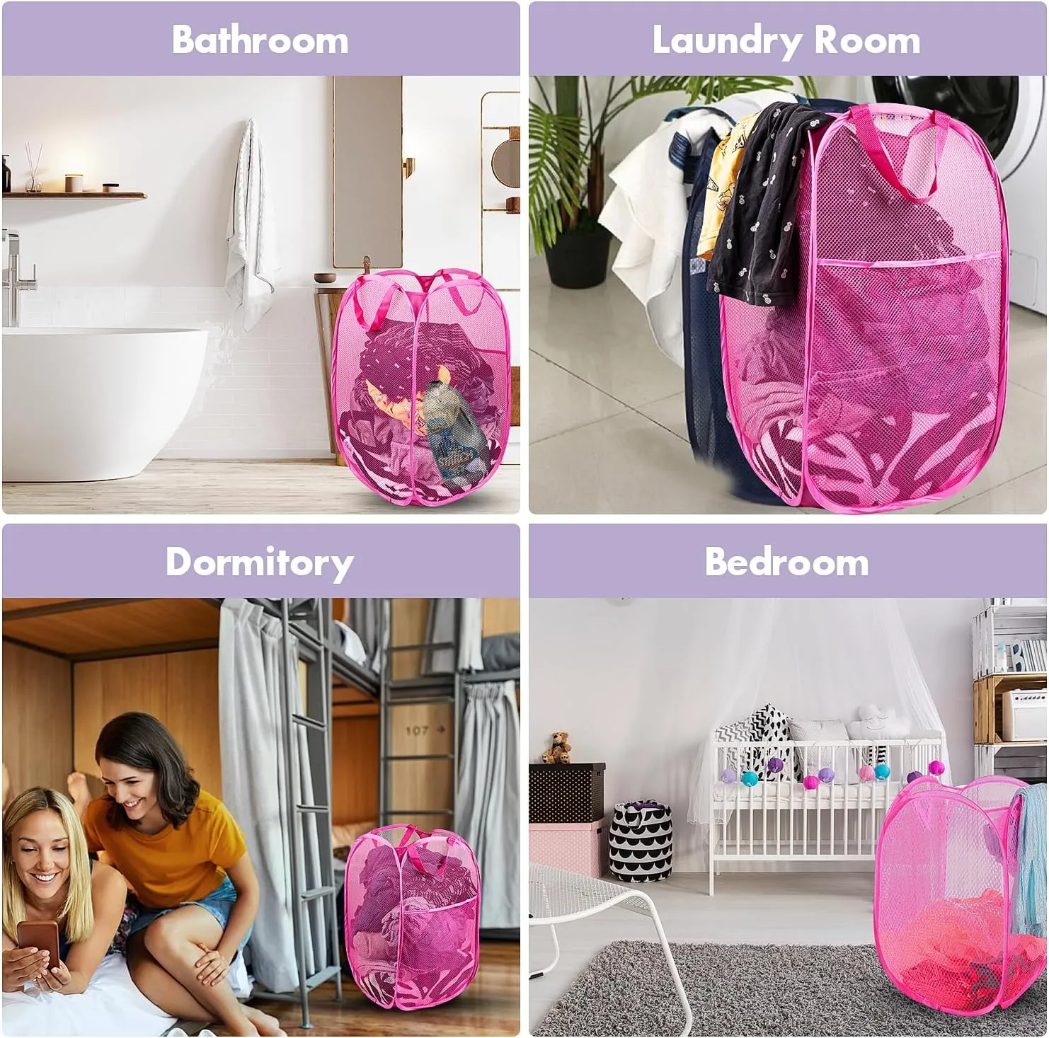 Pop Up Hamper, 1 PCS Mesh Pop Up Laundry Hamper, Foldable Mesh Laundry Basket with Space-Saving Design for Home, Dorm, Travel & Storage - Pink
